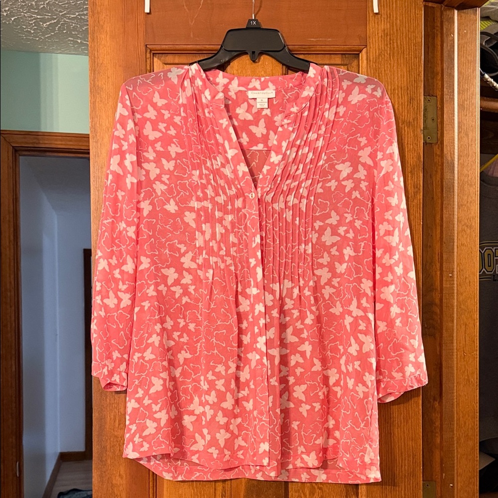 Charter Club Pink/Coral Butterfly Print Blouse